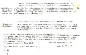 Politische Haltung der Parteigenossen in der Heimat von Ortsgruppenleiter und Nazi Bürgermeister Rudolf Müller am 22. März 1945 Er schreibt hier, dass Gottfried Schafbuch keine nationalsozialistische Haltung zeige und statt dessen auf die Kirche höre.