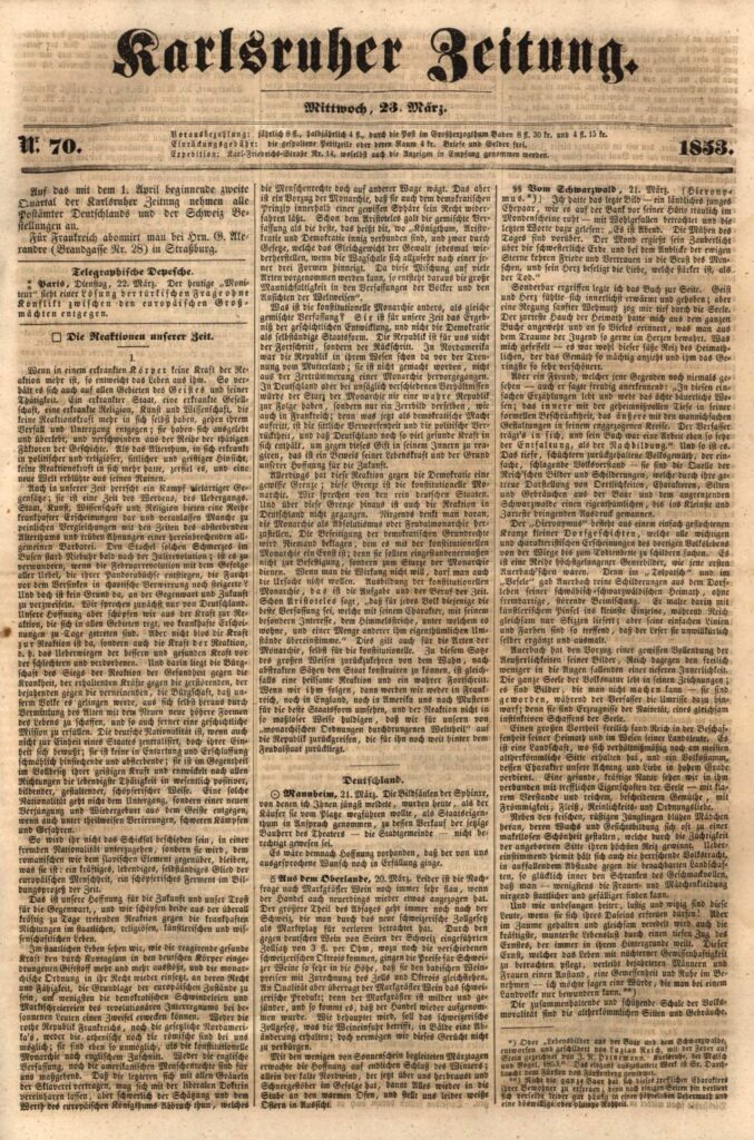 Karlsruher Zeitung vom 23. März 1853 mit der Rezension von Bader rechts