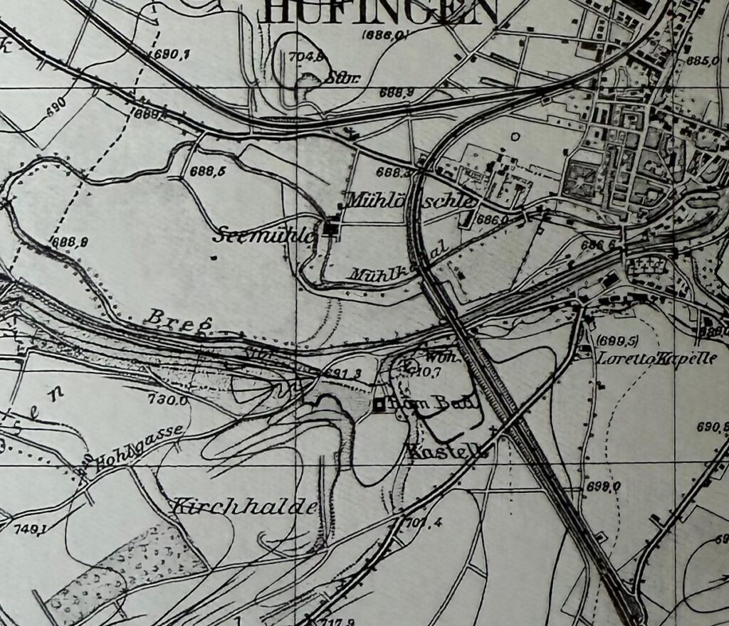 Alte Karte von Hüfingen aus dem Buch mit dem Ausschnitt der Kirchhalde und dem Kastell