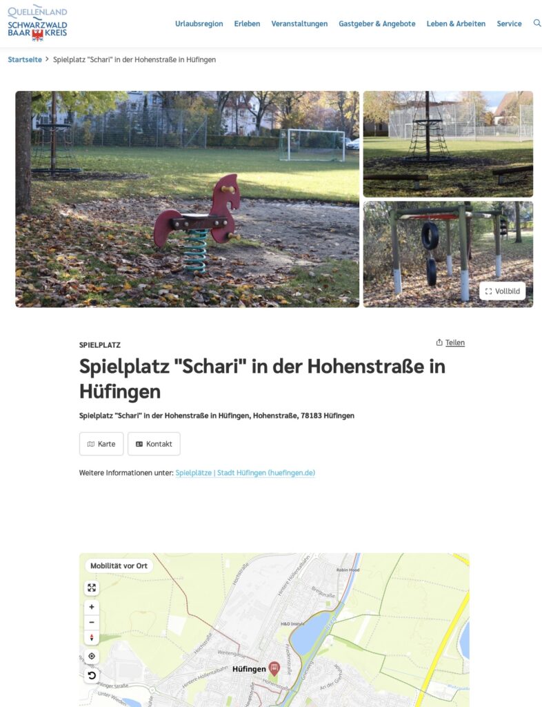 Screenshot von der Webseite mit Schaukelpferd und unten link zur Karte