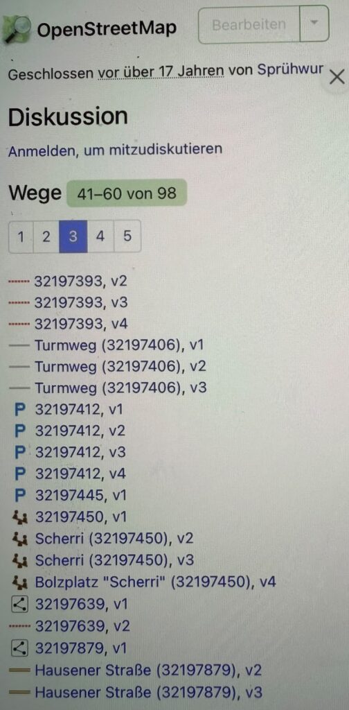 Screenshot aus dem Verlauf von OpenStreetMap. Oben sieht man den Namen Sprühwurst und dass das vor 17 Jahren geschlossen wurde. Unten steht zwei mal Scherri und Bolzplatz "Scherri"
