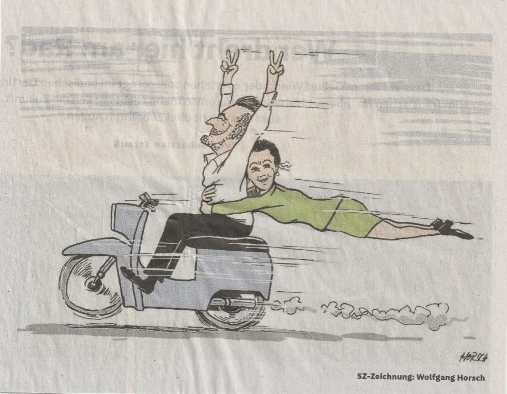 Karikatur von Wolfgang Horsch für die SZ mit dem Siegmund auf einem Roller und mit Victory Zeichen und die Wagenknecht klammert um seinen Bauch.
