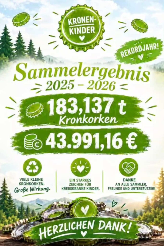 Bild der Kronenkinder mit 183.137 tonnen Kronkorken und 43.991,16 Erlös in einem Jahr von Oktober 2025 bis 2026